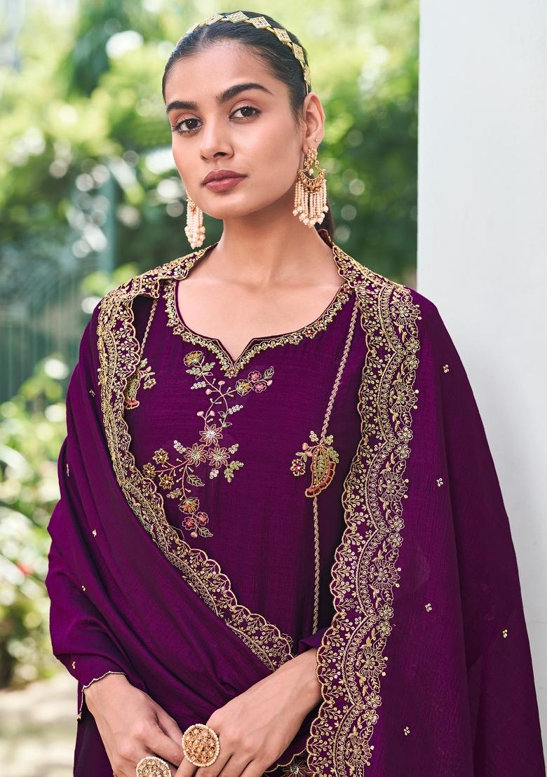 Purple Embroidered Viscose Salwar Kameez With Dupatta