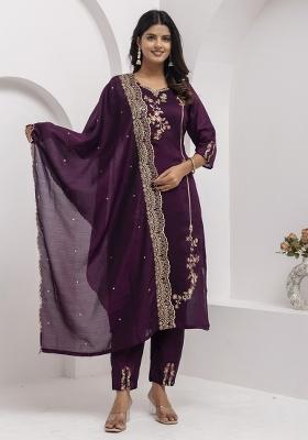 Purple Embroidered Viscose Salwar Kameez With Dupatta
