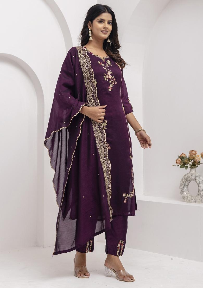 Purple Embroidered Viscose Salwar Kameez With Dupatta
