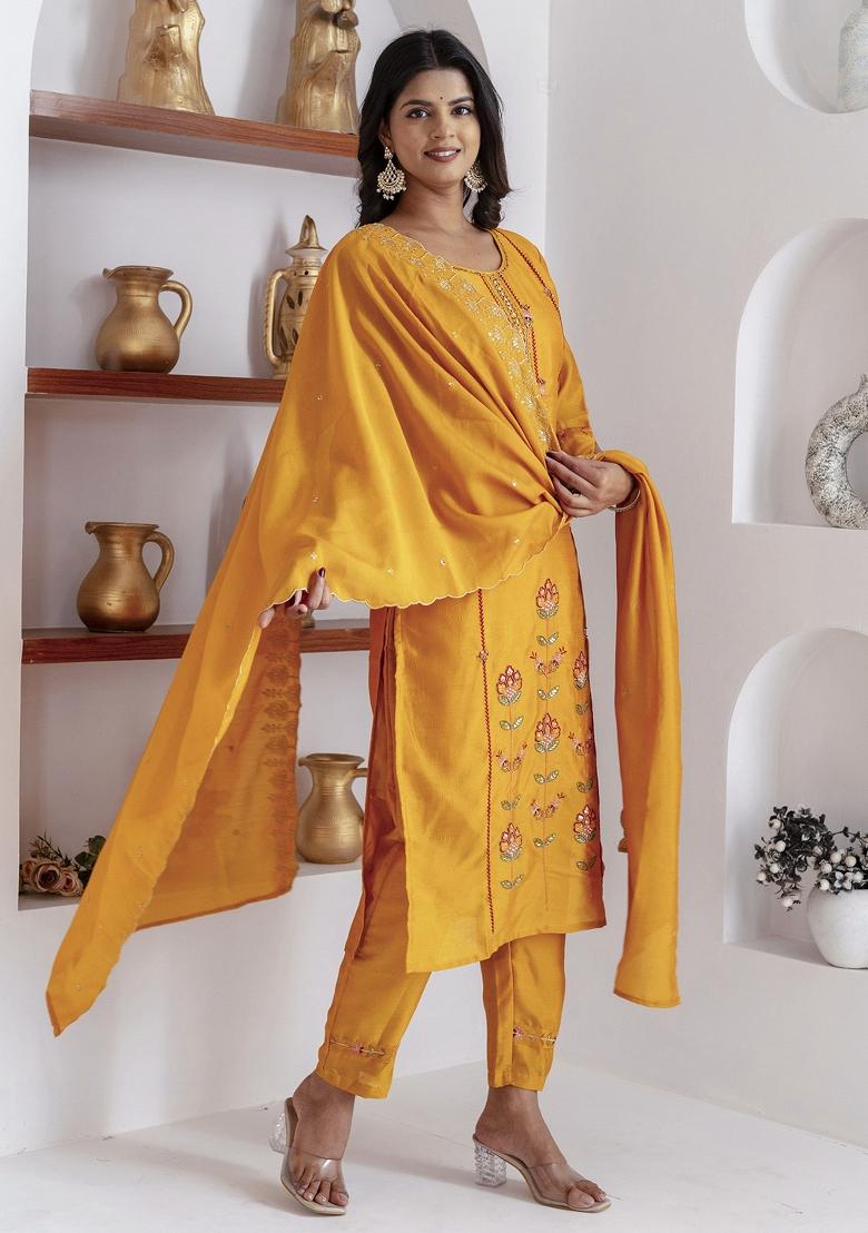 Yellow Embroidered Viscose Salwar Kameez With Dupatta