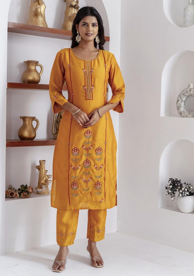 Yellow Embroidered Viscose Salwar Kameez With Dupatta