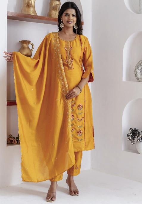 Yellow Embroidered Viscose Salwar Kameez With Dupatta