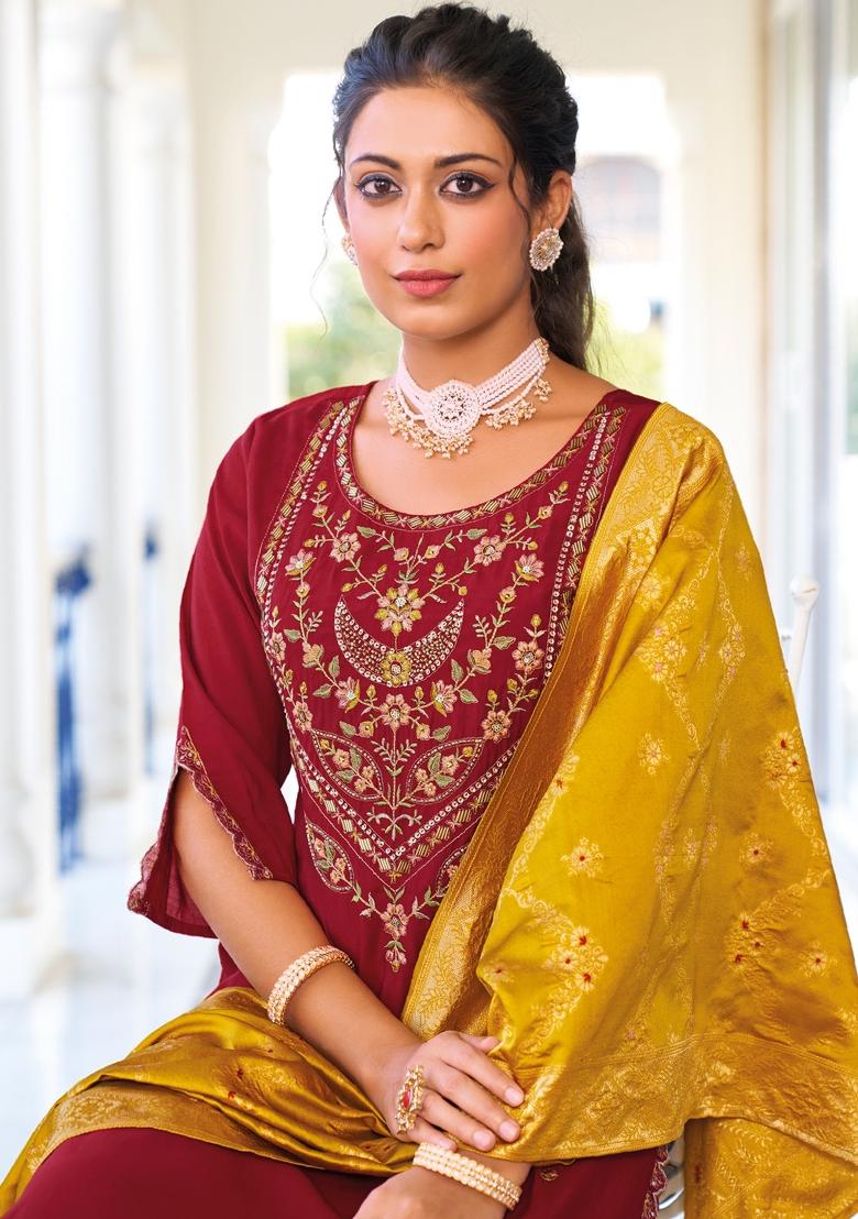 Maroon Embroidered Viscose Salwar Kameez With Dupatta