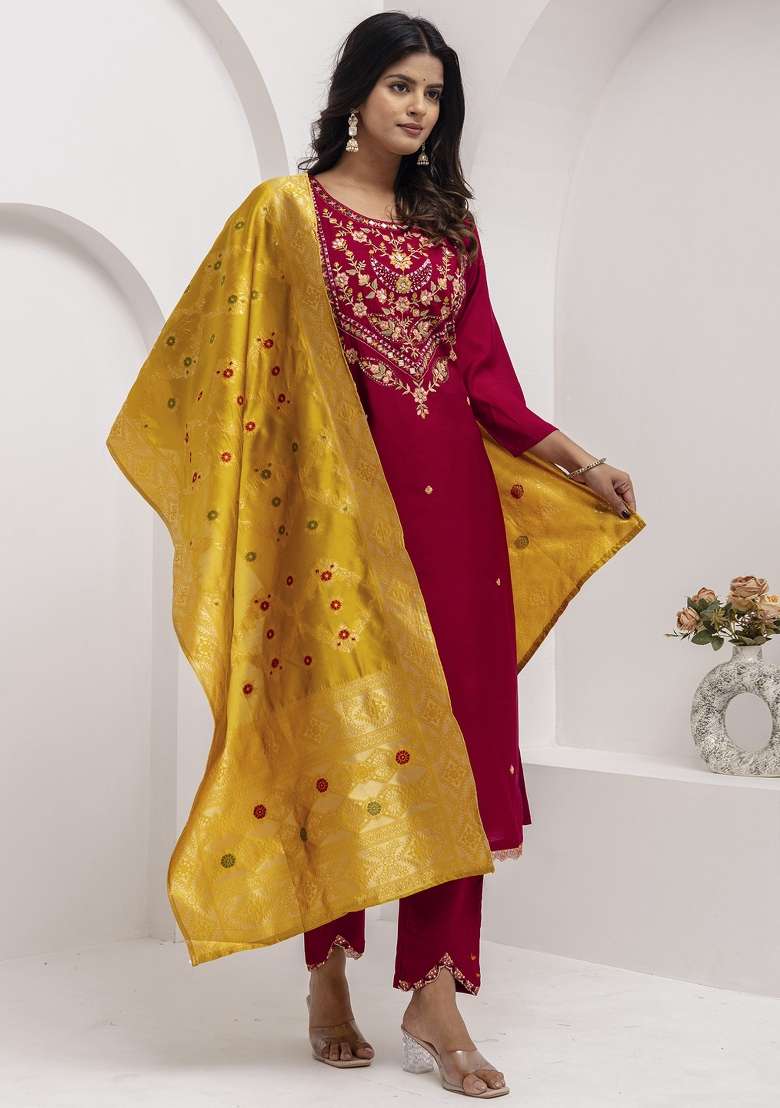 Maroon Embroidered Viscose Straight Kurta Set - Indya