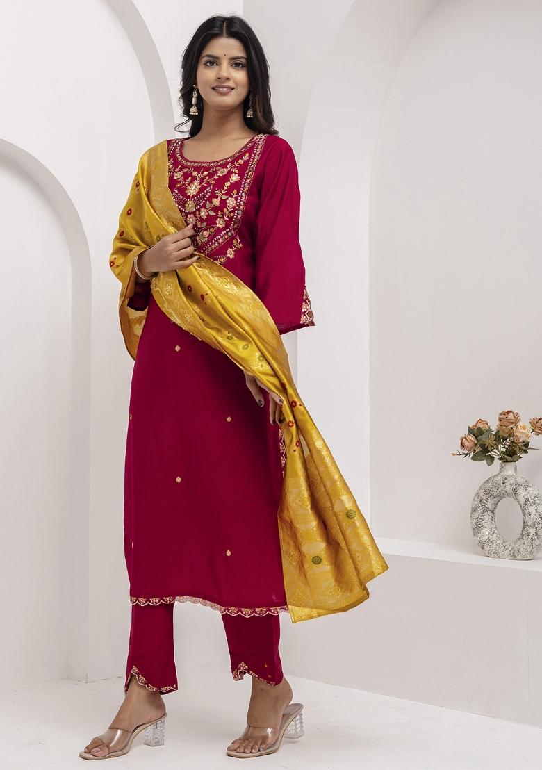 Maroon Embroidered Viscose Salwar Kameez With Dupatta
