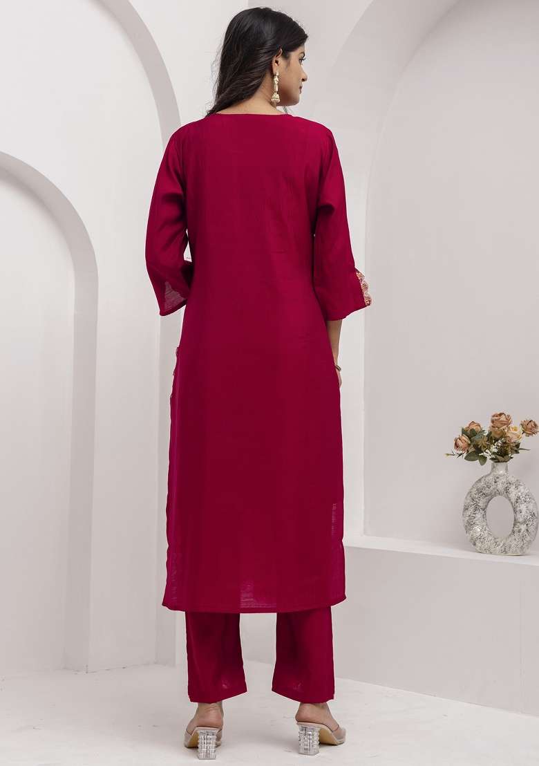 Maroon Embroidered Viscose Straight Kurta Set - Indya