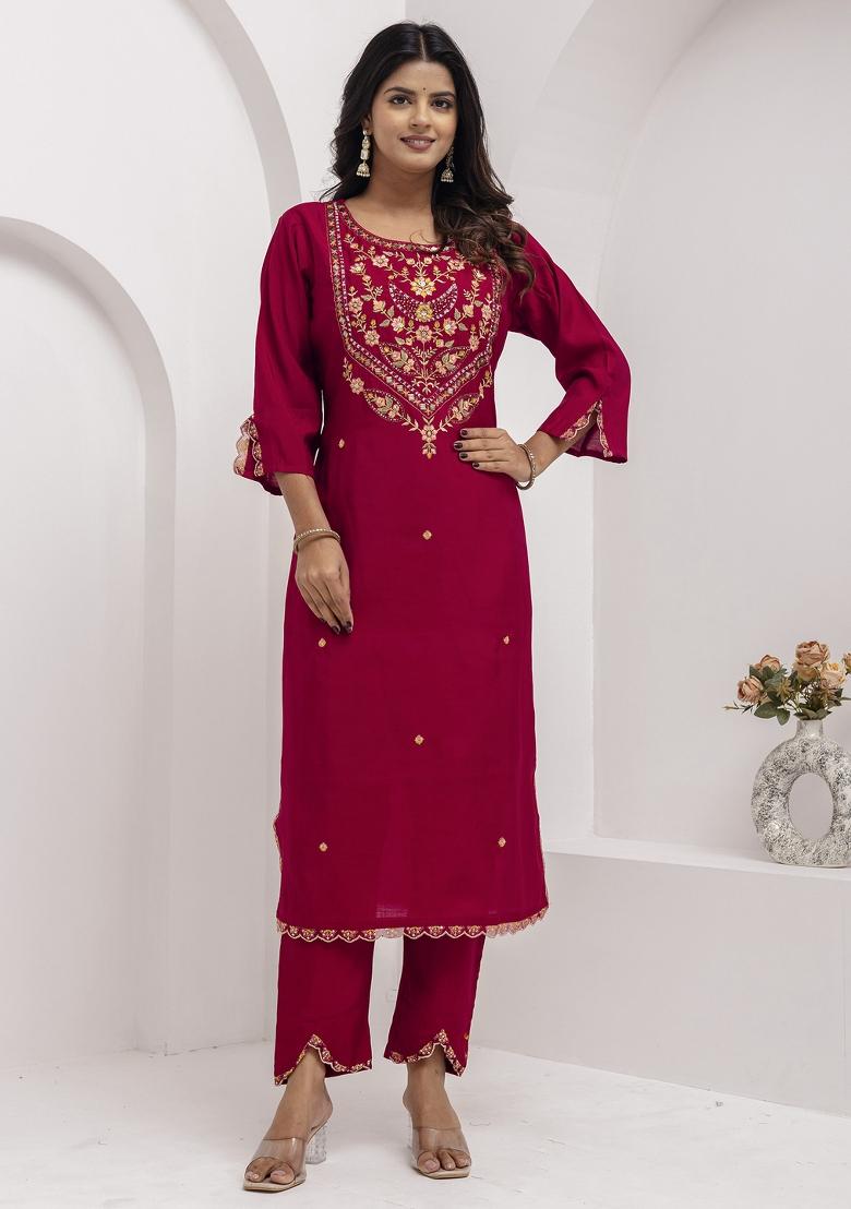 Maroon Embroidered Viscose Salwar Kameez With Dupatta