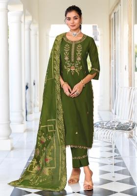 Mehendi Green Embroidered Viscose Salwar Kameez With Dupatta