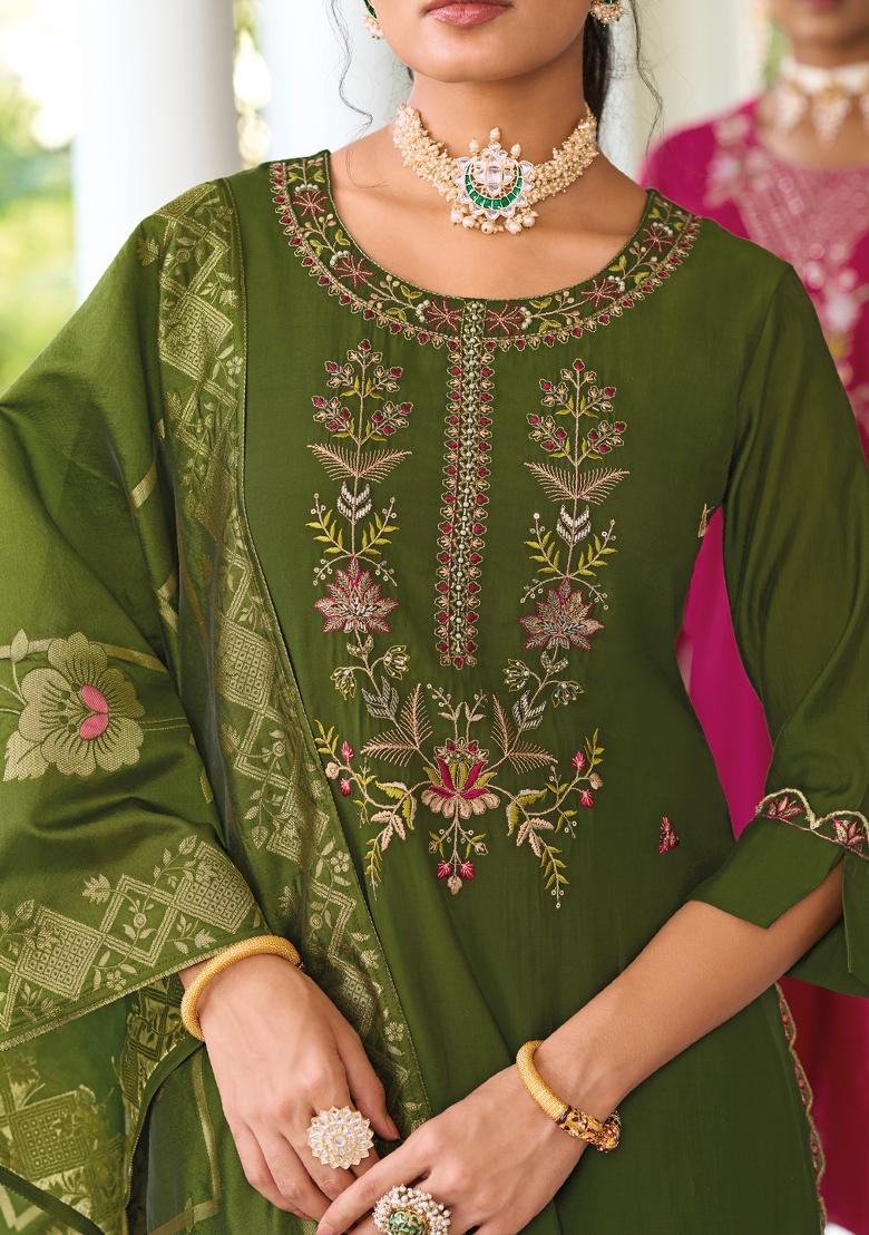Mehendi Green Embroidered Viscose Salwar Kameez With Dupatta