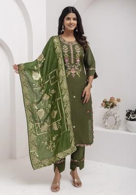 Mehendi Green Embroidered Viscose Salwar Kameez With Dupatta