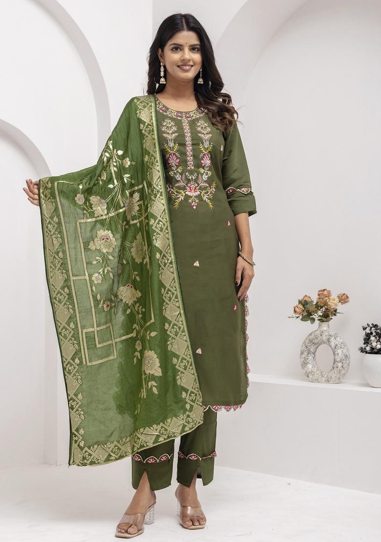Mehendi Green Embroidered Viscose Salwar Kameez With Dupatta