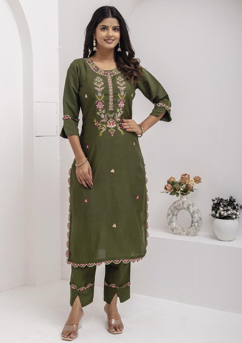 Mehendi Green Embroidered Viscose Salwar Kameez With Dupatta