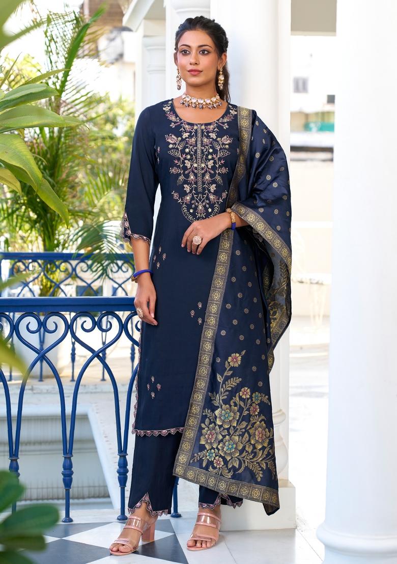 Blue Embroidered Viscose Salwar Kameez With Dupatta
