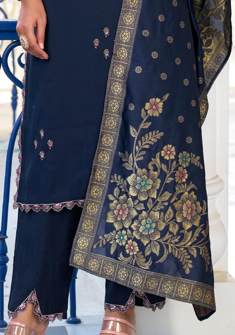 Blue Embroidered Viscose Salwar Kameez With Dupatta