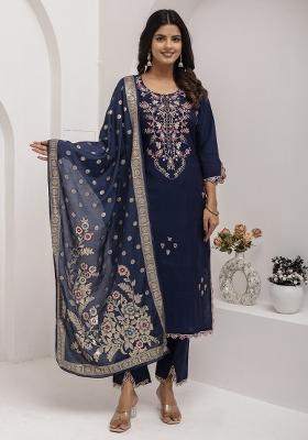 Blue Embroidered Viscose Salwar Kameez With Dupatta