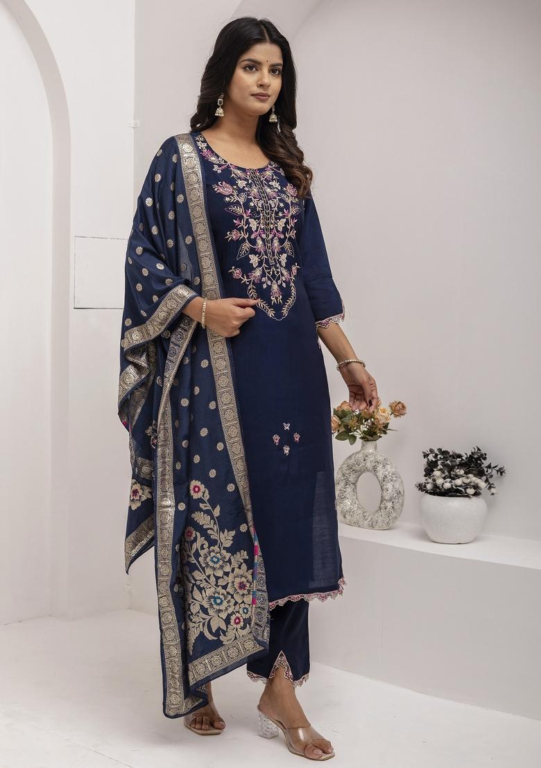 Blue Embroidered Viscose Salwar Kameez With Dupatta