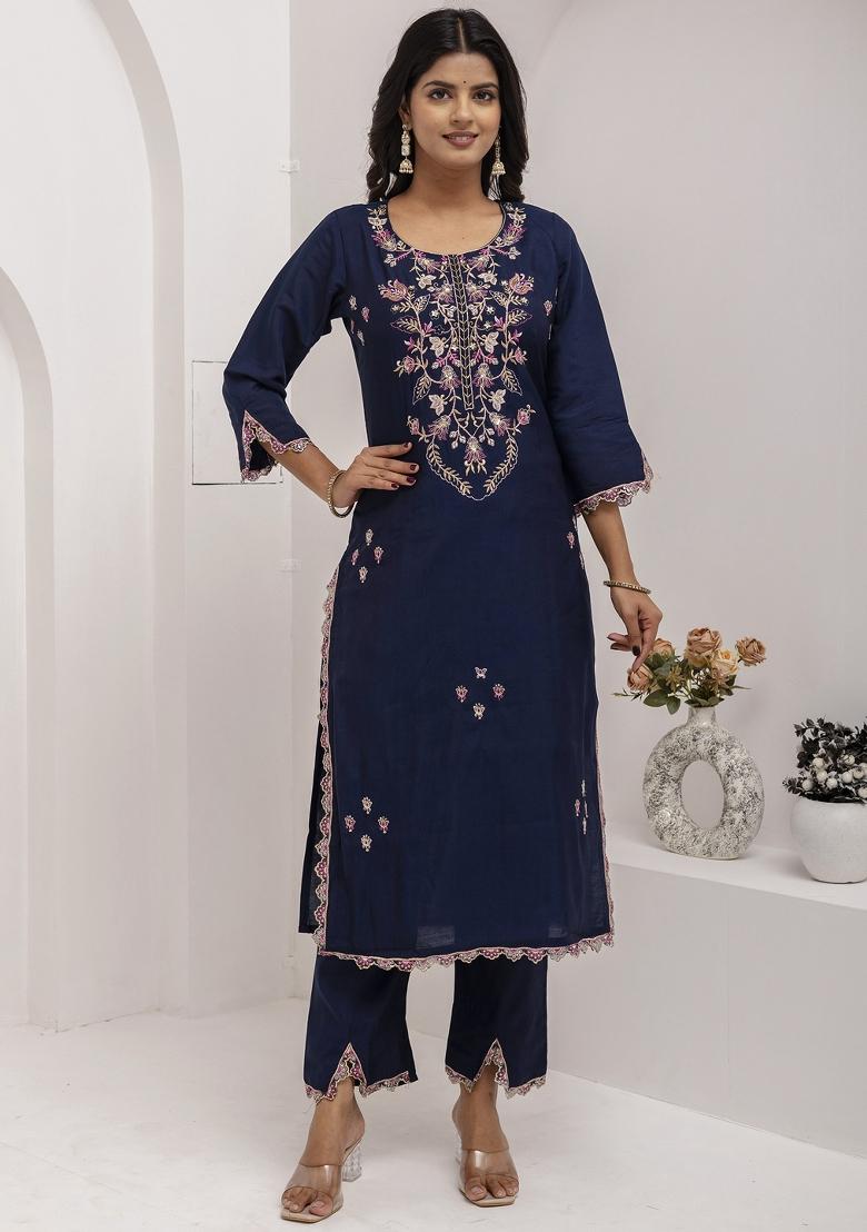 Blue Embroidered Viscose Salwar Kameez With Dupatta