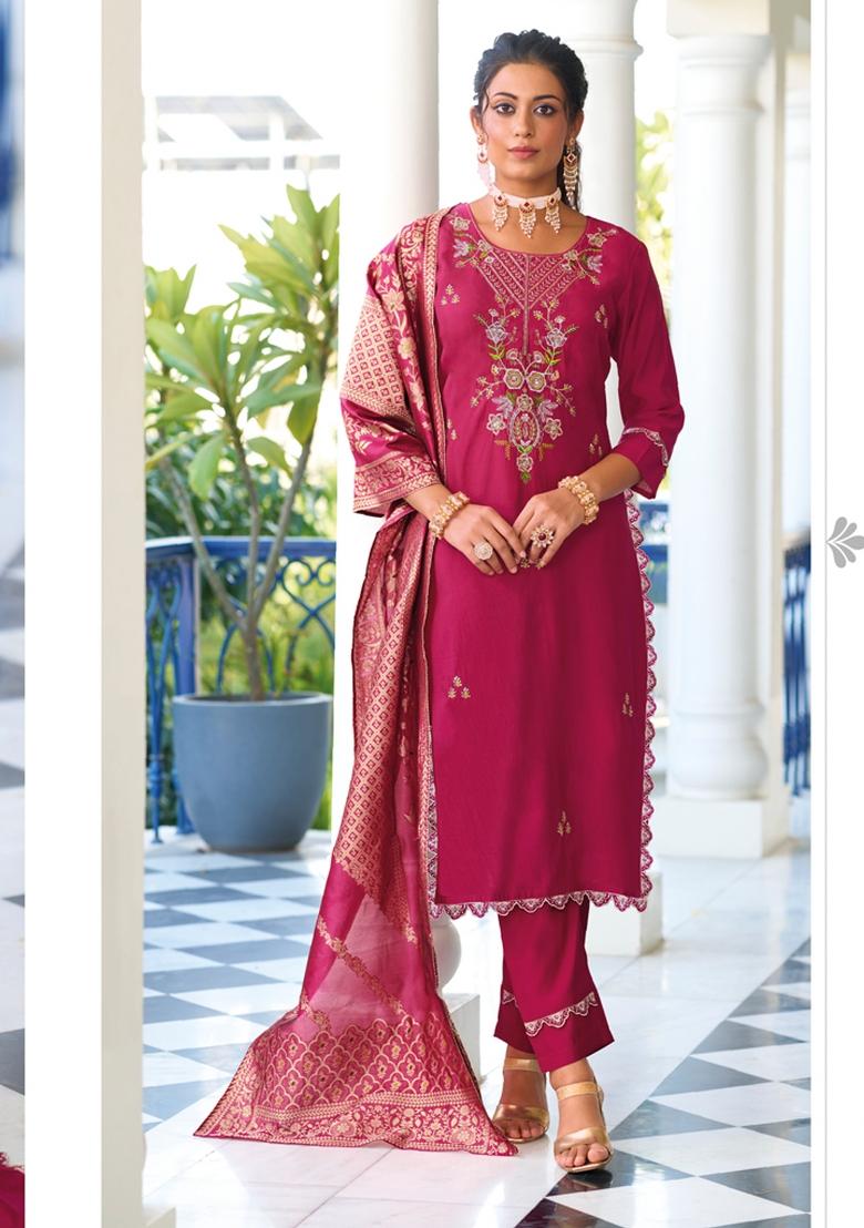 Pink Embroidered Viscose Salwar Kameez With Dupatta