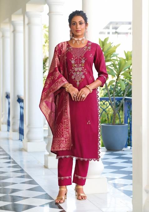 Pink Embroidered Viscose Salwar Kameez With Dupatta