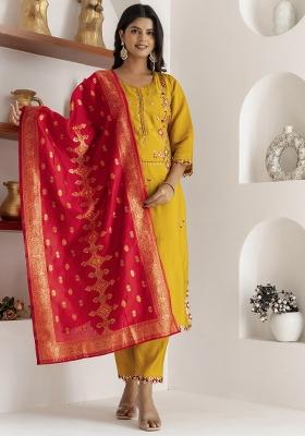 Yellow Embroidered Viscose Salwar Kameez With Dupatta