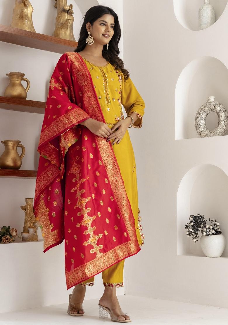 Yellow Embroidered Viscose Salwar Kameez With Dupatta