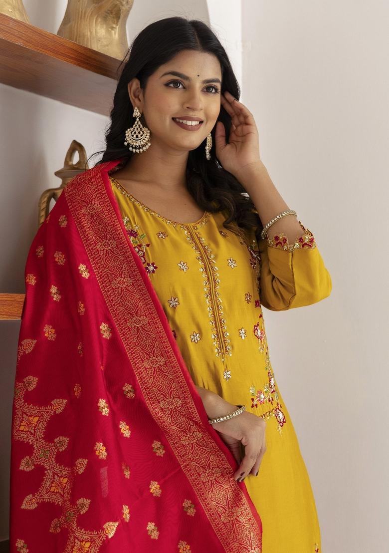 Yellow Embroidered Viscose Salwar Kameez With Dupatta