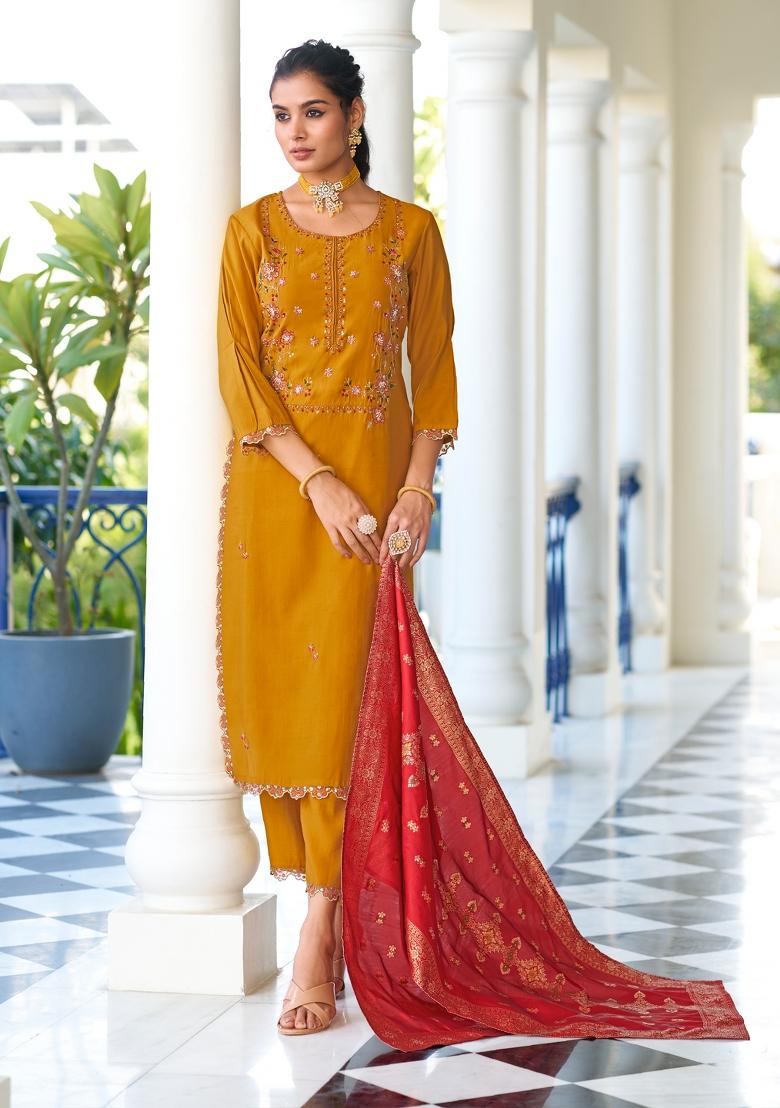 Yellow Embroidered Viscose Salwar Kameez With Dupatta