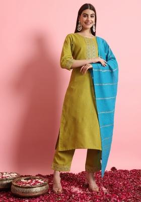 Green Embroidered Cotton Blend Salwar Kameez With Dupatta