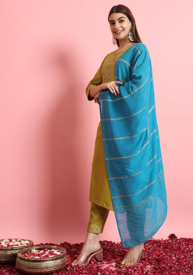 Green Embroidered Cotton Blend Salwar Kameez With Dupatta