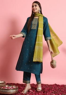 Teal Blue Embroidered Cotton Blend Salwar Kameez With Dupatta