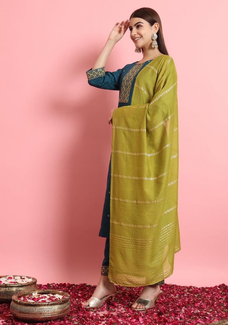 Teal Blue Embroidered Cotton Blend Salwar Kameez With Dupatta