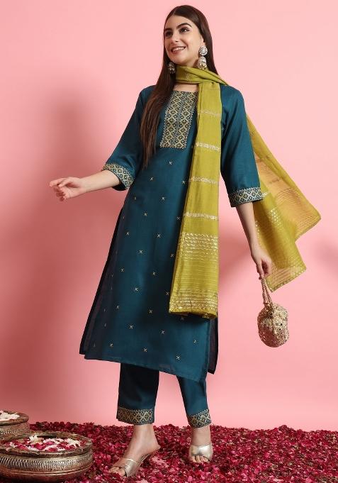 Teal Blue Embroidered Cotton Blend Salwar Kameez With Dupatta