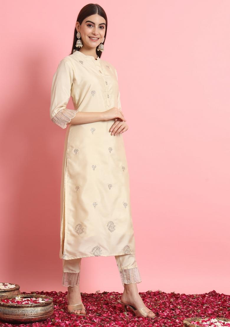 Beige Embroidered Silk Blend Salwar Kameez With Dupatta
