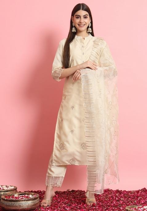 Beige Embroidered Silk Blend Salwar Kameez With Dupatta
