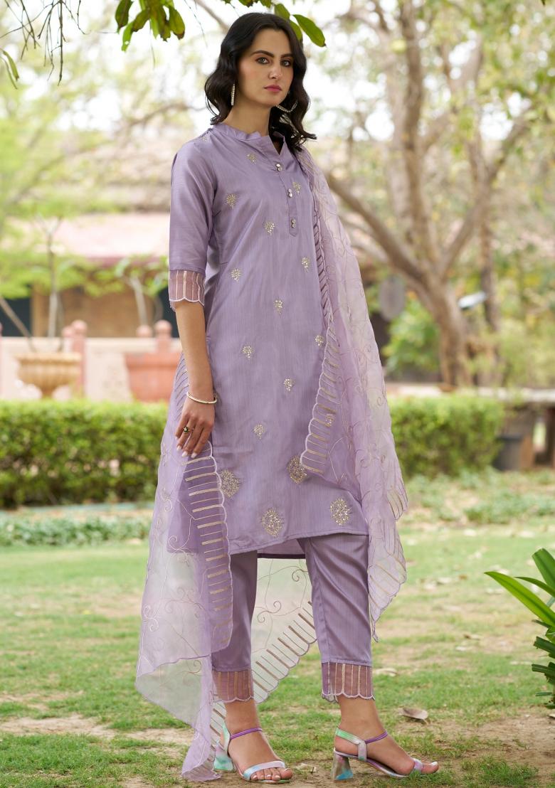 Lavender Embroidered Silk Blend Salwar Kameez With Dupatta