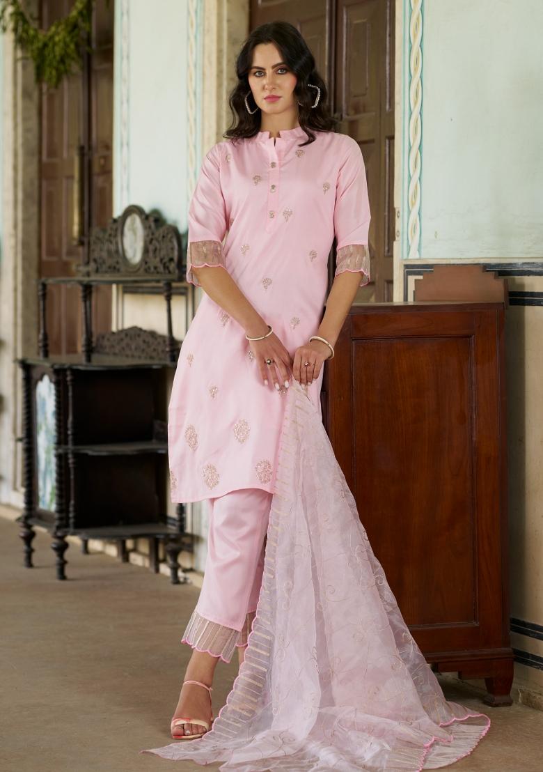 Pink Embroidered Silk Blend Salwar Kameez With Dupatta