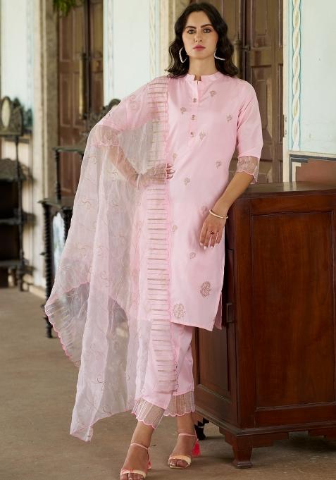 Pink Embroidered Silk Blend Salwar Kameez With Dupatta