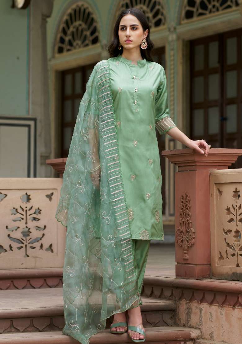 Pista Green Embroidered Silk Blend Straight Kurta Set - Indya