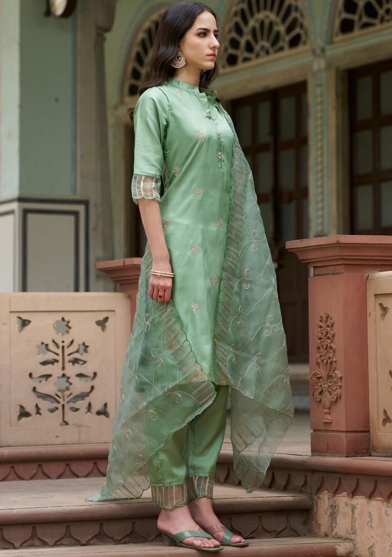 Pista Green Embroidered Silk Blend Salwar Kameez With Dupatta