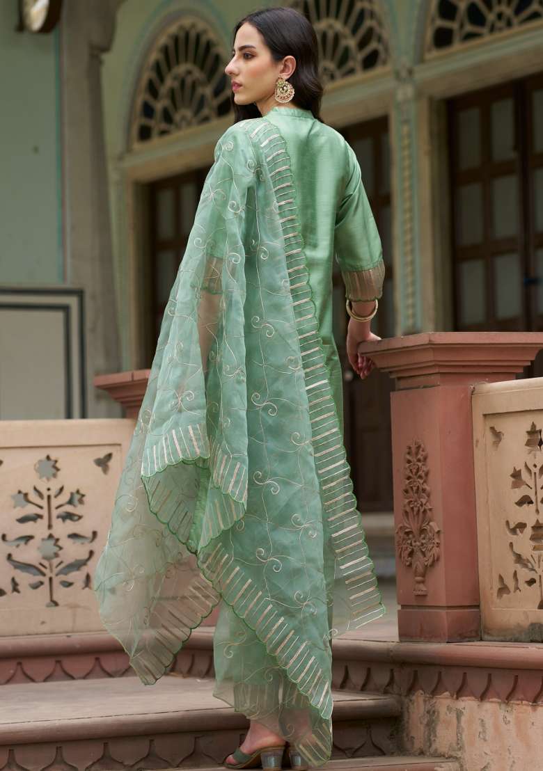 Pista Green Embroidered Silk Blend Straight Kurta Set - Indya