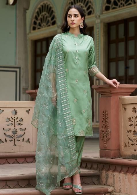 Pista Green Embroidered Silk Blend Salwar Kameez With Dupatta