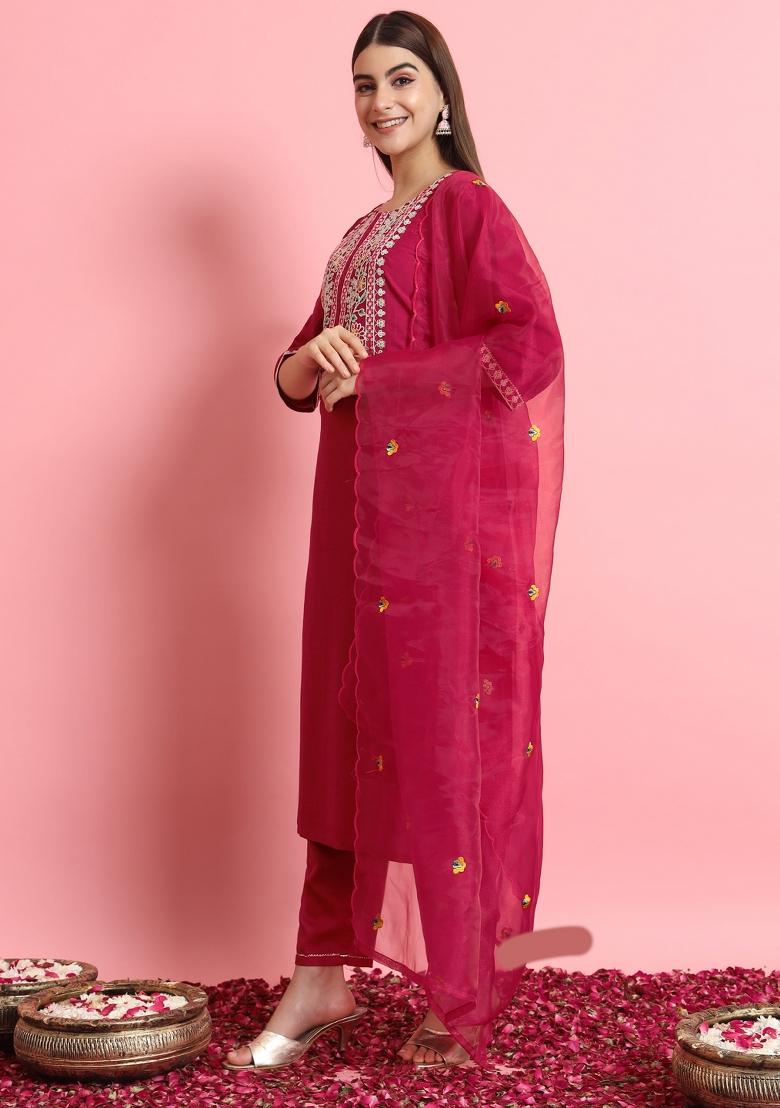 Pink Embroidered Silk Blend Salwar Kameez With Dupatta