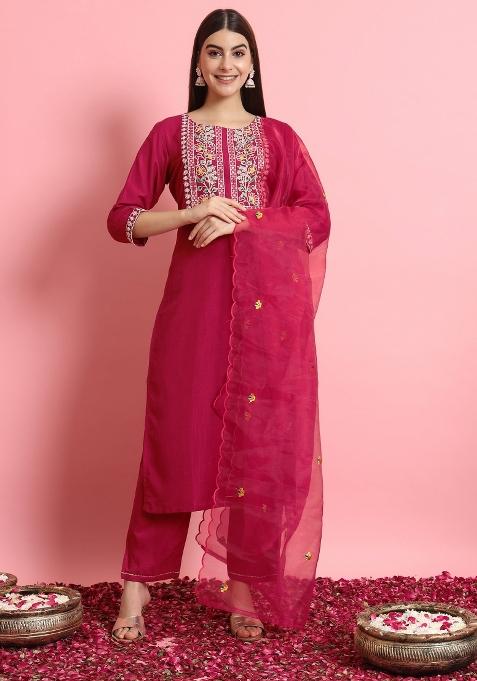 Pink Embroidered Silk Blend Salwar Kameez With Dupatta