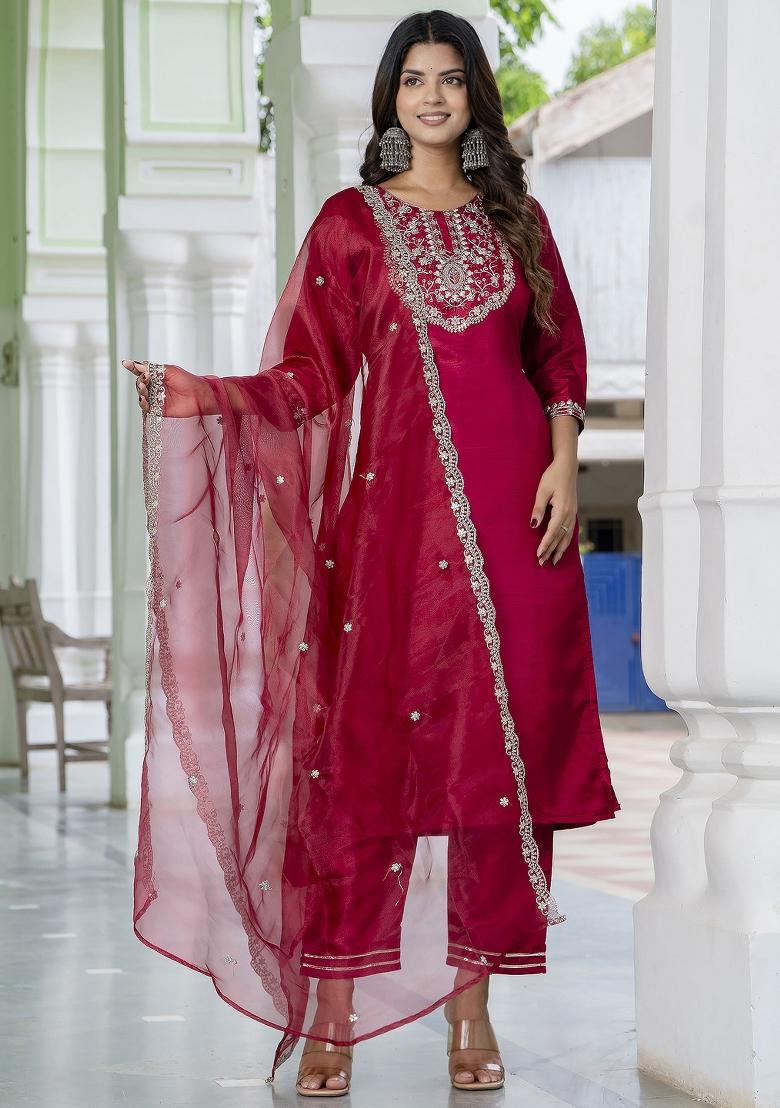 Cherry Red Embroidered Silk Blend Salwar Kameez With Dupatta