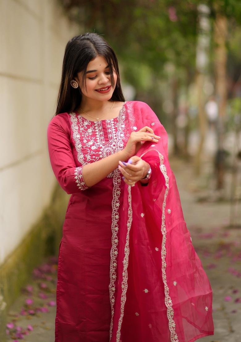 Cherry Red Embroidered Silk Blend Salwar Kameez With Dupatta