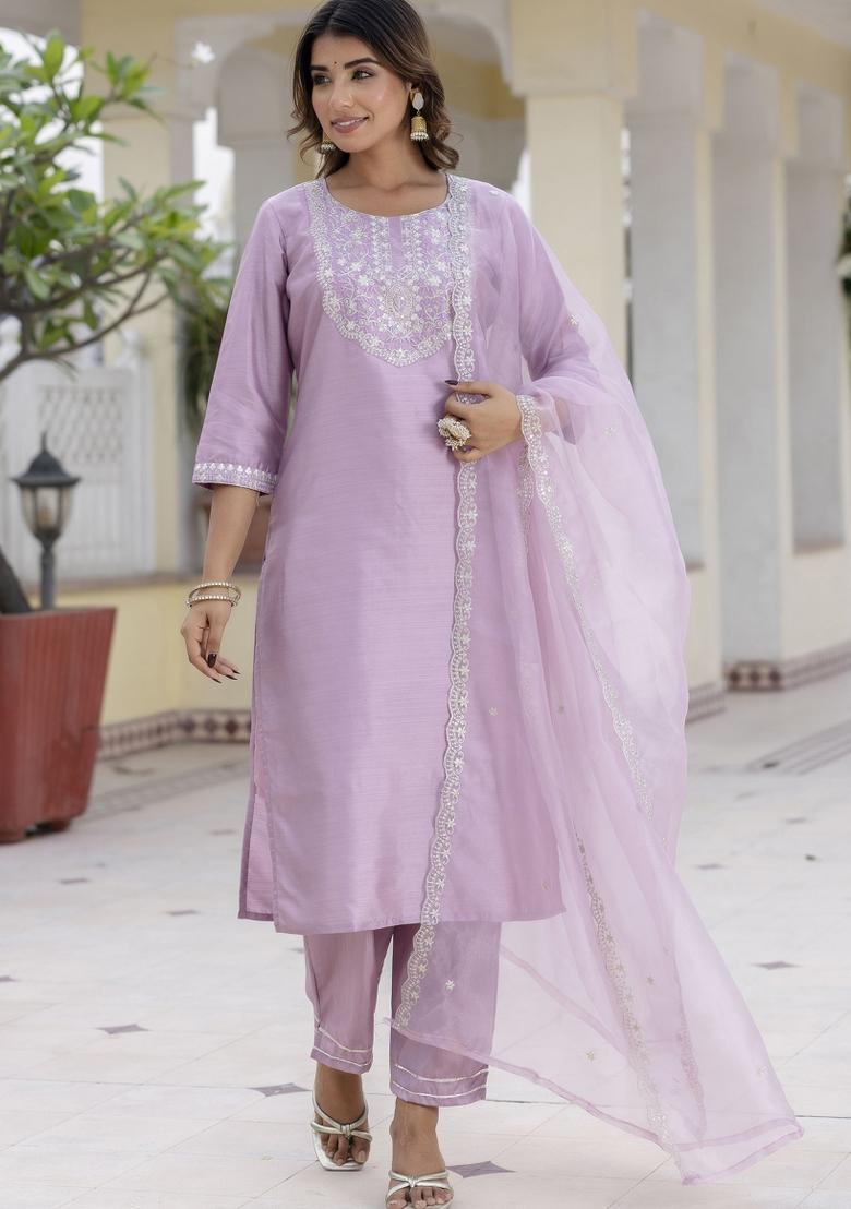 Lavender Embroidered Silk Blend Salwar Kameez With Dupatta