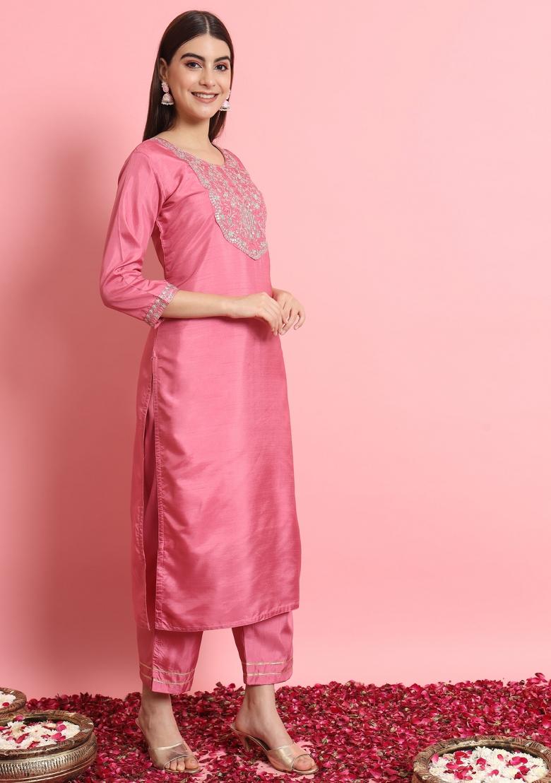 Pink Embroidered Silk Blend Salwar Kameez With Dupatta