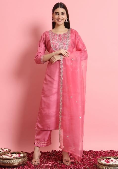 Pink Embroidered Silk Blend Salwar Kameez With Dupatta