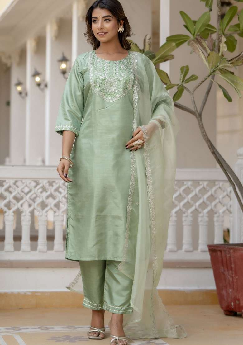 Pista Green Embroidered Silk Blend Straight Kurta Set - Indya