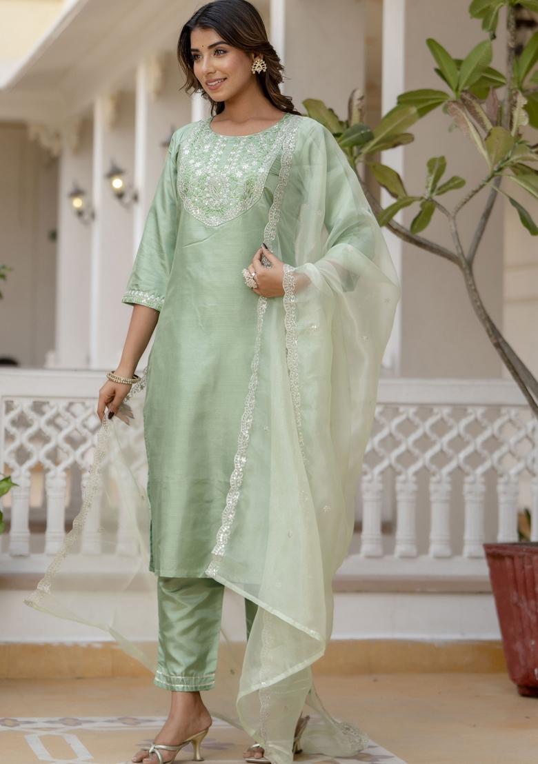 Pista Green Embroidered Silk Blend Salwar Kameez With Dupatta